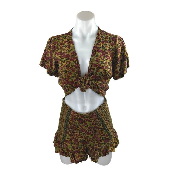 Free People Surf Date Multicolor Floral Short Sleeve Cutout Tie Romper Shorts 4 - Picture 2 of 6